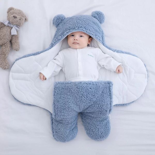 Inverno recém-nascido infantil bebê espessado saco saco de saco dos desenhos animados orelha de urso com capuz cordeiro lã saco de dormir envelope cobertor de sono quente saco