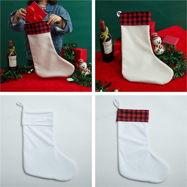 Großhandel Sublimation Weihnachten weiße leere Socken Wärmeübertragung Weihnachtsmann Geschenktüte karierter Weihnachtsstrumpf Geschenk Süßigkeitentüte Weihnachtsbaum Anhänger A12