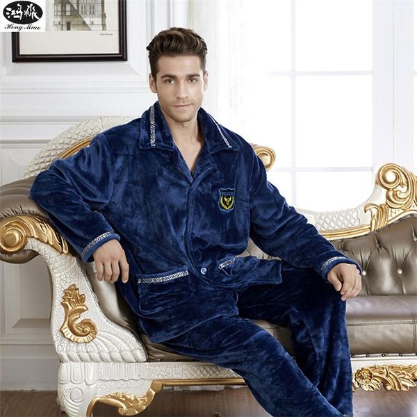 Мужские спящие одежды Flannel Pajamas костюмы зимние мужчины Длинные рукава карманы сплошной цвет толстая домашняя одежда высокого качества теплые пайджамас