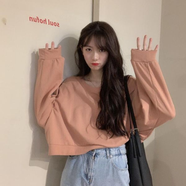 

women's hoodies & sweatshirts long sleeve pullover and fashion brand solid o-neck short simple spring autumn clothing, Black