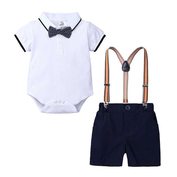 Kleinkind Säugling Jungen Kleidung Sommer Kurzarm Strampler Blau + Overalls Babykleidung Set Gentleman Krawatte Kinder Neugeborene Outfits Anzug X0802
