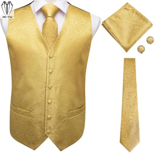 

men's vests hi-tie silk mens suit vintage gold paisley floral 4pc jacquard waistcoat tie hankerchief cufflinks set for dress weddding, Black;white