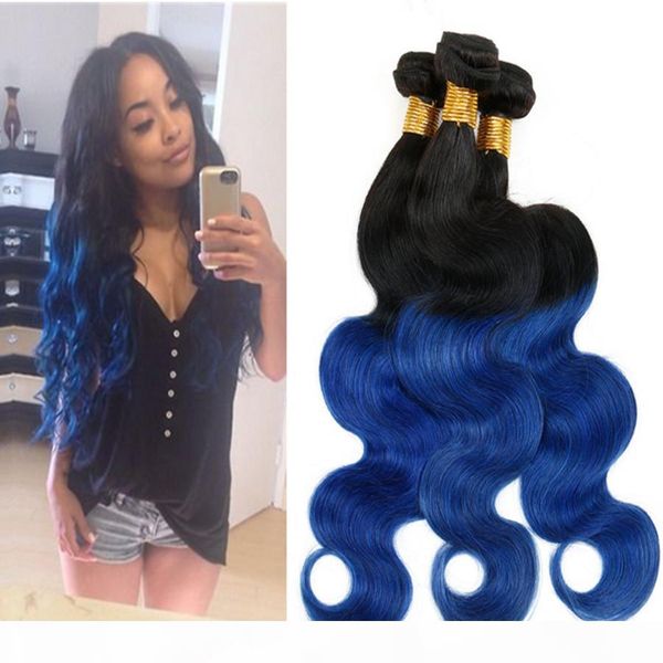 

elibess two tone 1b blue ombre 100g pcs brazilian body wave human virgin hair 3 bundles 100% human hair black and blue ombre extensions