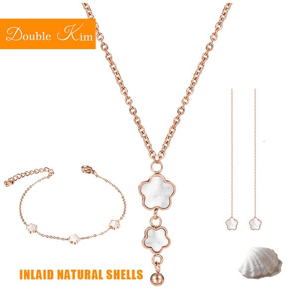 

jewelry sets small flowers necklace earrings bracelet titanium stainless steel inlaid natural shells women fashion gift, Black
