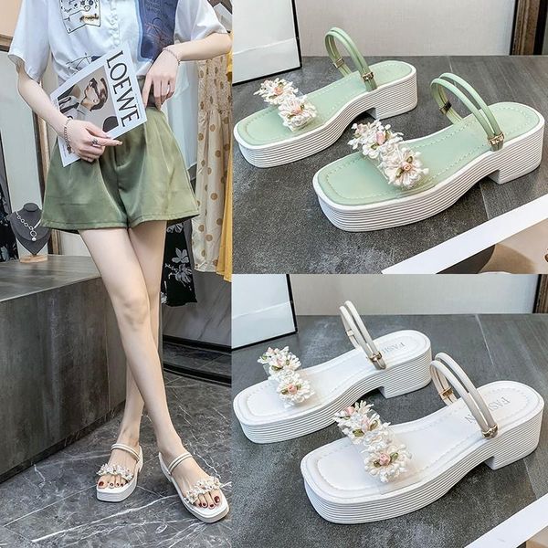 

sandals fairy flower gladiator women slippers ins summer platform shoes two ways slip on thick heels floral sandalias mujer 2021, Black