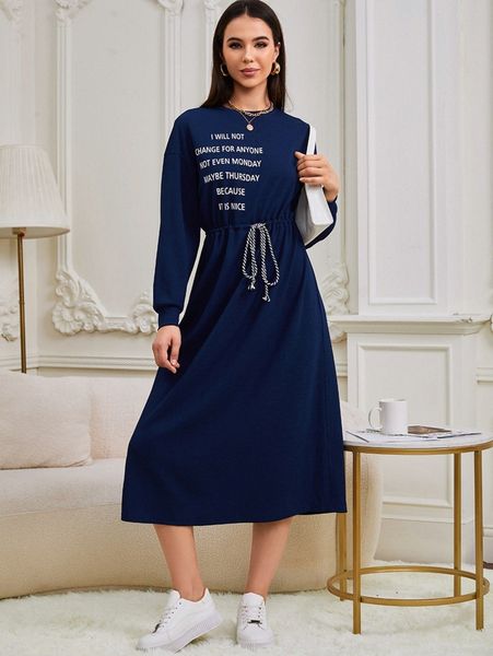 

slogan graphic drop shoulder drawstring waist dress a66v#, Black;gray