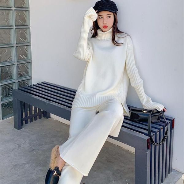 

women's two piece pants sweater set women 2021 autumn winter thickened knitting keep warm fashion solid loose casual female outfits kor, White