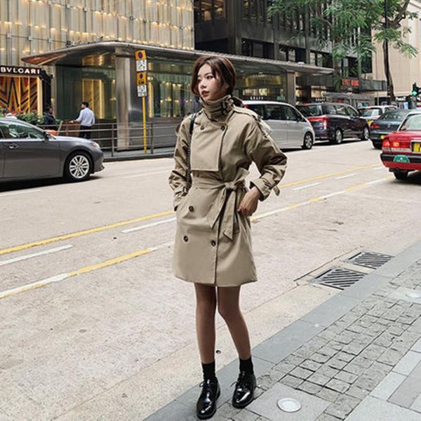 

women's trench coats khaki coat long spring autumn 2021 korean loose sleeve workwear double breasted windbreaker, Tan;black