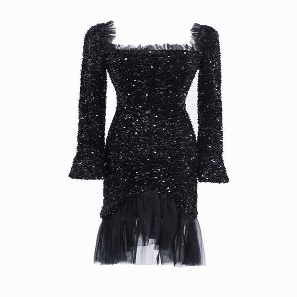 

perhaps u tight square collar pleated sequined mesh stitching dress flared sleeves mermaid party dress sequin dress d3025 210529, Black;gray