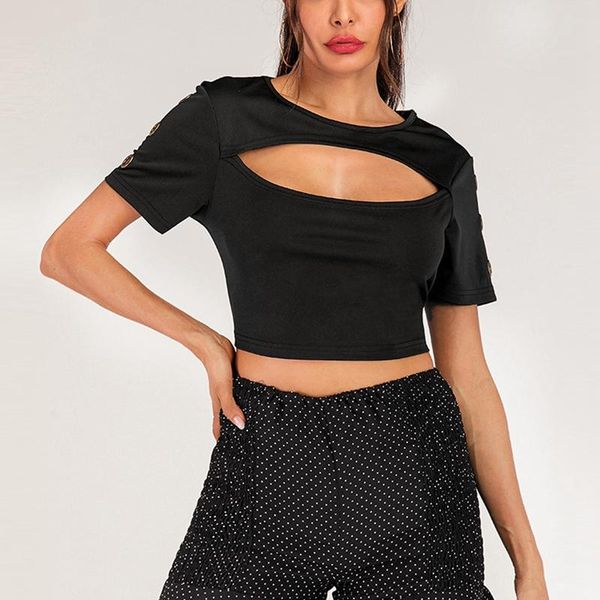 

women's t-shirt chest hole solid color round neck short navel bare black, White