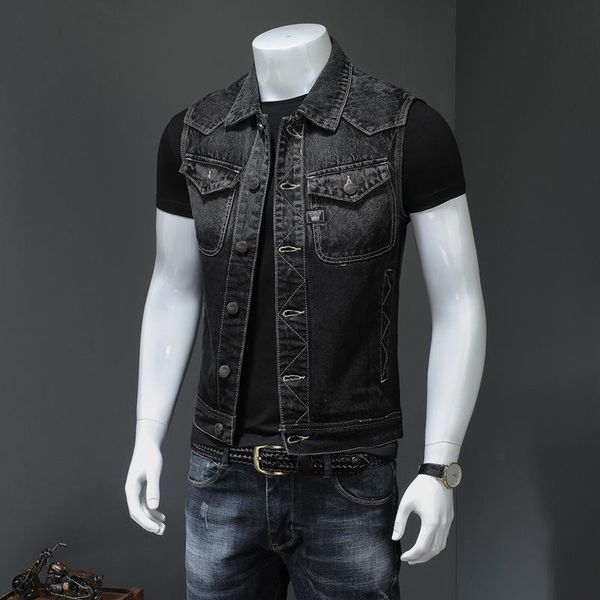 

men's vests motorcycle black men denim vest vintage sleeveless biker jean jacket single breasted fashion work male with many pockets, Black;white