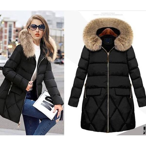 

women's down & parkas plus size 6xl 2021 winter women loose thick warm jacket female faux fur collar hooded cotton coat outwear, Black