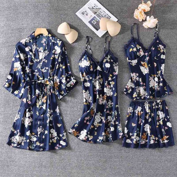 

women's sleepwear print flower pajamas suit satin women pyjamas pour femme v-neck intimate lingerie kimono robe gown comfy ho, Black;red