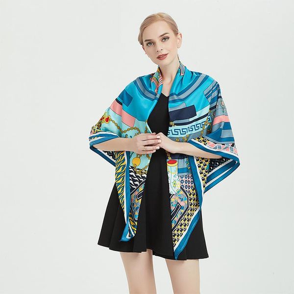 

scarves qlukeoyy silk scarf women versatile imitation twill satin sunscreen shawl muffler neckerchief, Blue;gray