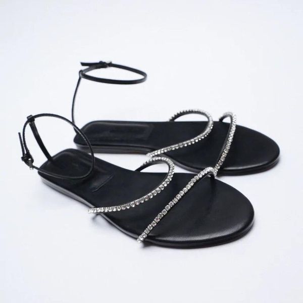 

sandals 2021 spring black women's shoes round toe bright ribbon flat low heel ankle wrap