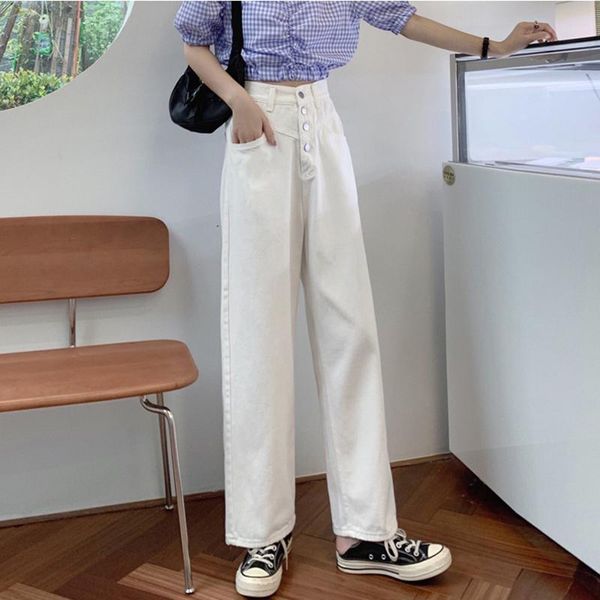 

white denim wide leg pants casual single-breasted high waist straight leg jeans loose korean style denim trousers 2021 new, Blue