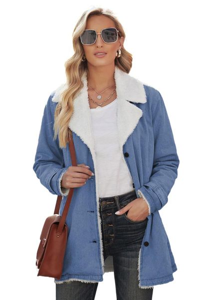 

women's jackets sky blue lapel collar button fleece jacket women autumn winter casual coats plus size s-2xl outfits, Black;brown