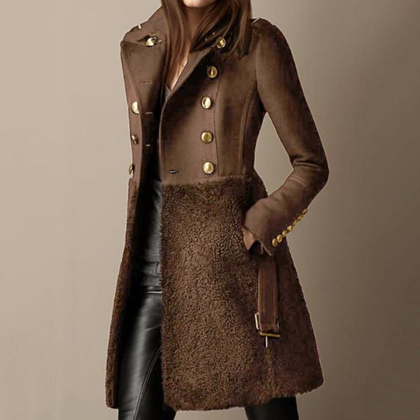 

women's wool & blends 2021 western casual women overcoat jacket slim stitching double-breasted patchwork button pocket woolen mid-lengt, Black