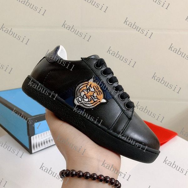 

comfortable kids black leather casual shoes tiger head pattern sneakers, Black;red