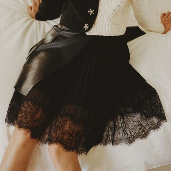 

skirts early spring 2021 women skirt simple and fashion black leather lace stitching wrapped short half