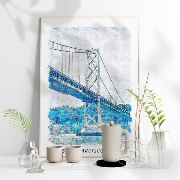 

paintings watercolor city usa san francisco poster, golden gate bridge scenery art print, travel wall stickers decor