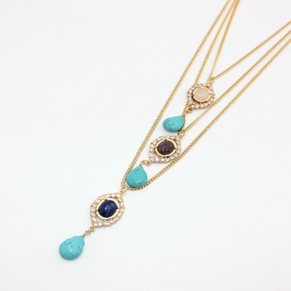 

pendant necklaces light yellow gold color multi layer lapis lazuli link chain necklace water drop green turquoises stone jewelry, Silver