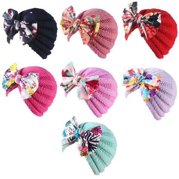 

caps & hats floral print bow baby hat autumn winter warm knitted turban cap soft born girls beanie bowknot bonnet, Yellow