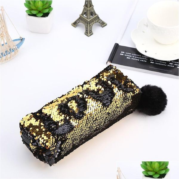 

color reversible sequin school supplies stationery cute pencil box school tools warm ball plush pendant p jlllhg jhhome