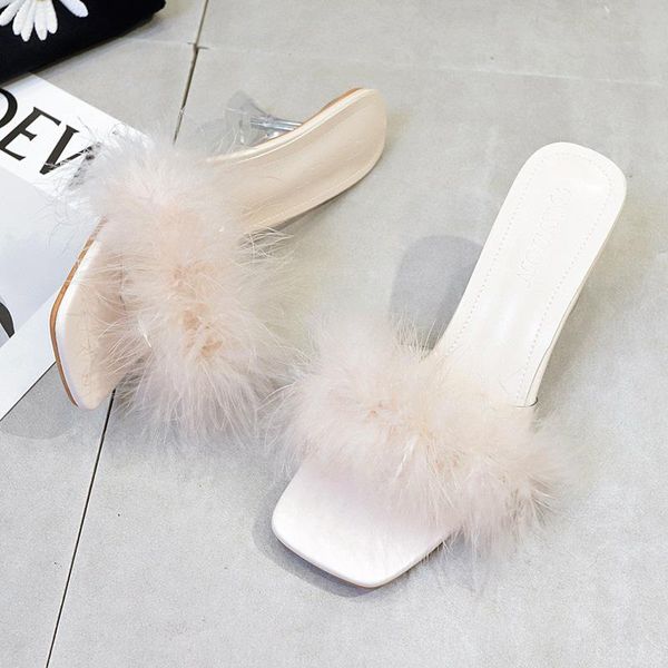 

slippers 2021 korean transparent woman high heels shoes outdoor fine heel word buckle furry women slipprs fashion wild mujer slides, Black