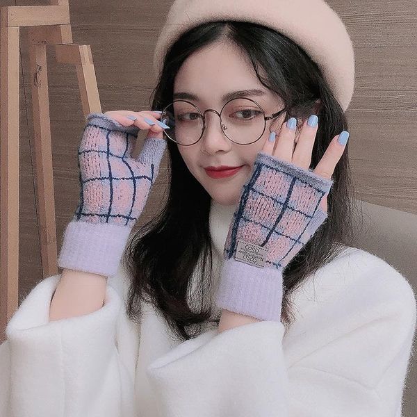 

sports gloves knitted women's autumn and winter color plaid half-finger mittens students warm hand half fashionable fingerless, Black