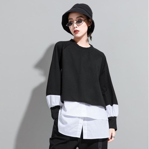 

women's t-shirt dark black tshirt round neck bottoming fake two-piece straight stitching tide long-sleeved female mujer camisetas, White