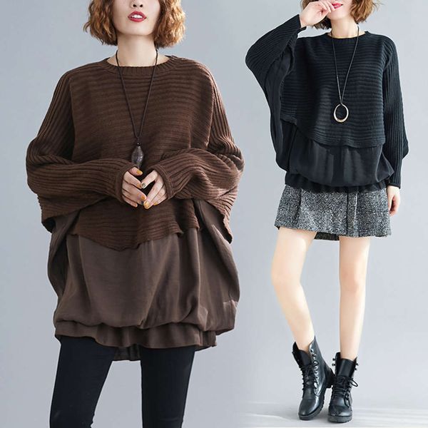 

autumn and winter stitching two-piece bat sleeve sweater women's knitted blouse warm irregular fashion, White;black