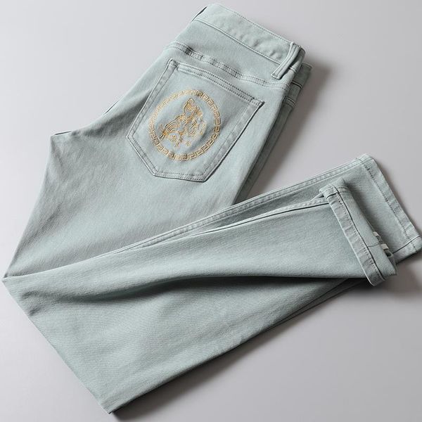 

men's jeans jsbdstylish high-end green wash soft all-match four seasons for men slim and small feet long embroidered trousers, Blue