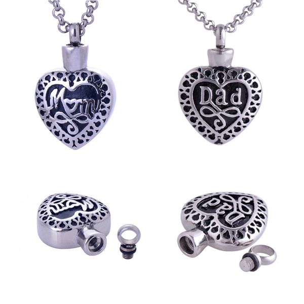 

316l stainless steel dad mom heart lockets pendant necklace ashes jewelry cremation memorial urn keepsake openable put in ash perfume bottle, Silver