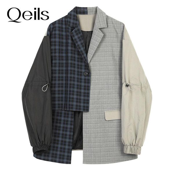 

women's suits & blazers qeils women 2021 vintage patchwork plaid asymmetrical big size blazer lapel long sleeve loose fit jacket fashio, White;black