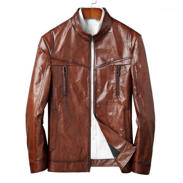 

oil 2021 wax cowhide leather jackets men spring autumn black casual mandarin collar genuine coats men's & faux