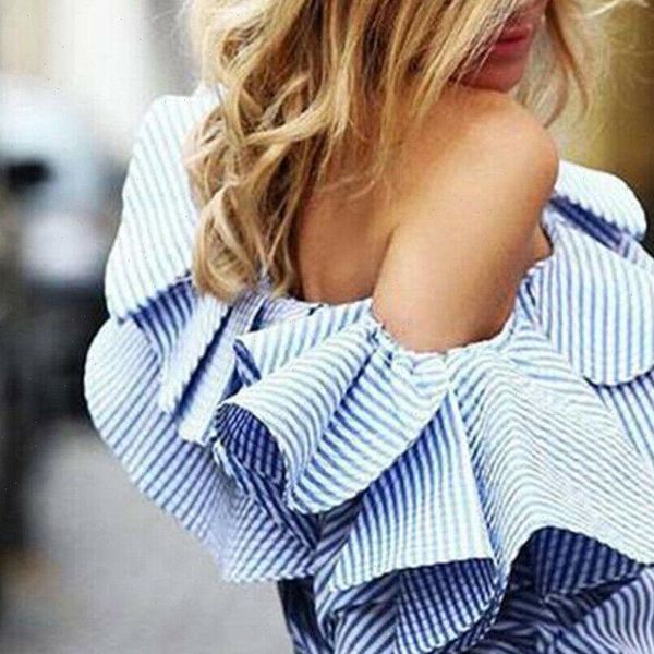 

womens blouse striped plaid one shoulder ruffle ol long sleeve summer shirts loose casual drop shipping, White