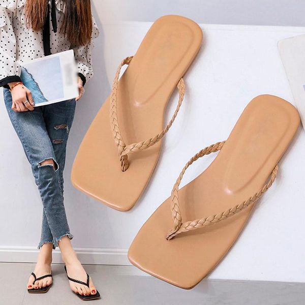 

slippers ladies fashion weave women square toe flat casual shoes female slide summer flip flops beach sandal slipper 2021, Black