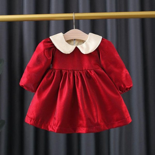 

girl's dresses winter children red velvet sweet dress pure color baby girls princess long sleeve children's cloths kids, Red;yellow