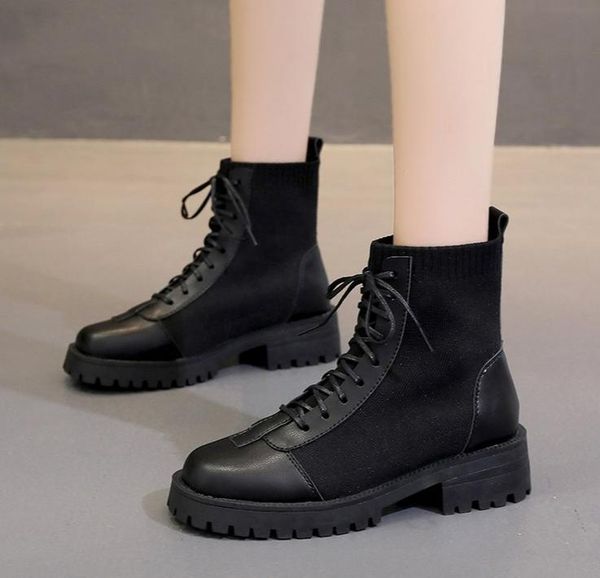 

boots women ankle stretch shoes fashion knitted ladies pu lace up platform female plus size comfort autumn footwear, Black