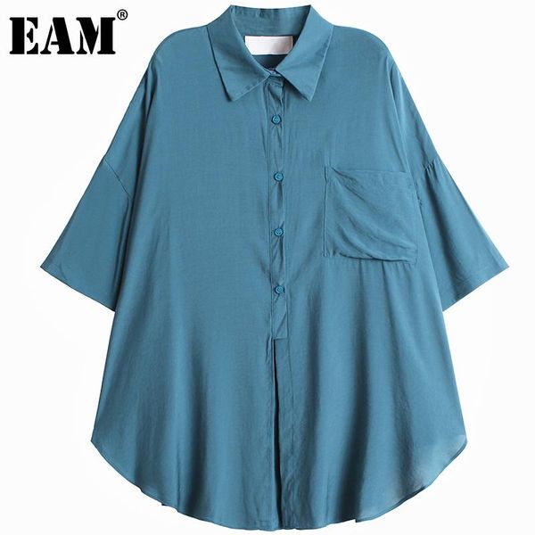 

women's blouses & shirts [eam] women blue irregular big size casual blouse lapel three-quarter sleeve loose shirt fashion spring summer, White