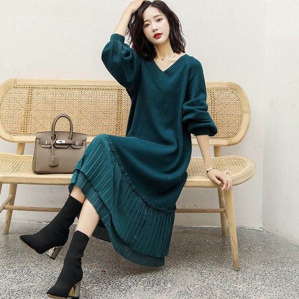 

women's sweaters patchwork chiffon sweater dresses long sleeve v neck straight ladies high street autumn knitting plus size, White;black