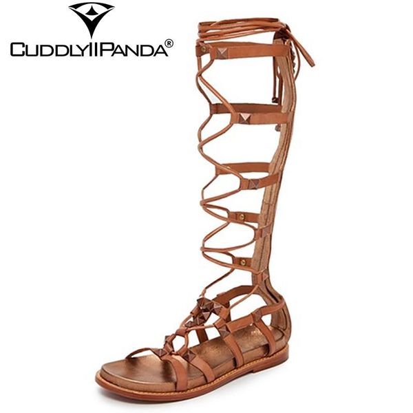 

dress shoes cuddlyiipanda 2021 summer fashion design roman sandals cross-tie gladiator woman rivets sandalias mujer, Black