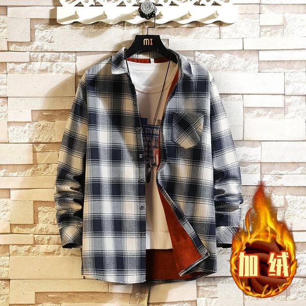 

men's casual shirts 2021 winter in warm plaid thickened plush long sleeve coats business multicolor camisa masculina, White;black