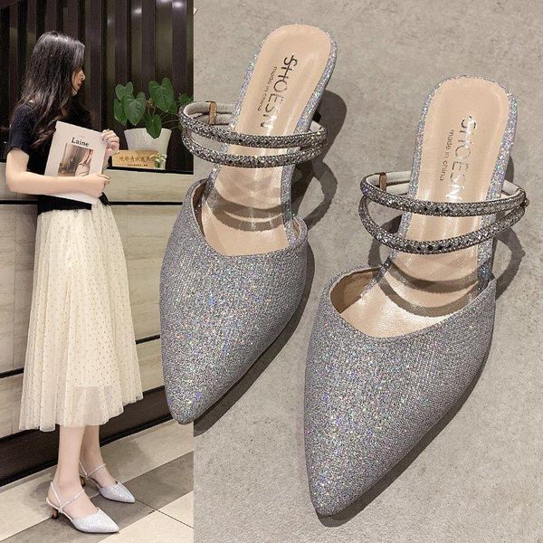 

slippers style women's summer high heels shoes sequins luxury pink open toe female sandals women pointed, Black