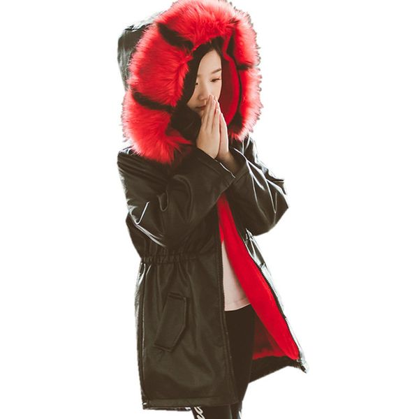 

2021 new coat of fake red girls with elastic hood on the waist leather wool jacket autumn outerwear to girl ua4u, Blue;gray