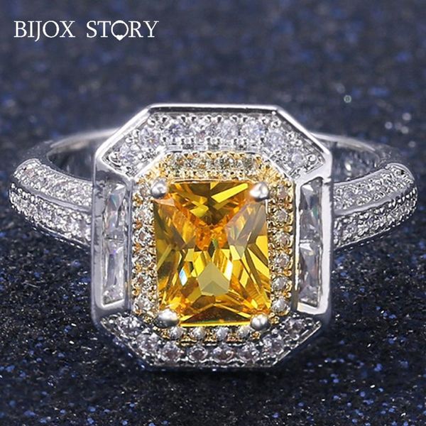 

cluster rings bijox story luxury 925 sterling silver charms ring with rectangle shape citrine jewelry for female wedding party wholesale, Golden;silver