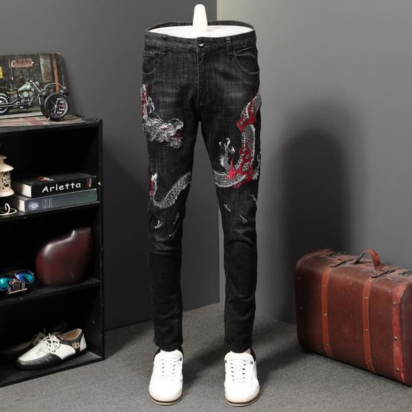 

men's jeans dragon embroidery jean man directly canister self-cultivation leisure time long pants personality elastic vaqueros hombre s, Blue