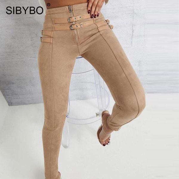 

women's pants & capris sibybo suede skinny high waist casual women fashion belt buckle pencil solid autumn trousers 2021, Black;white