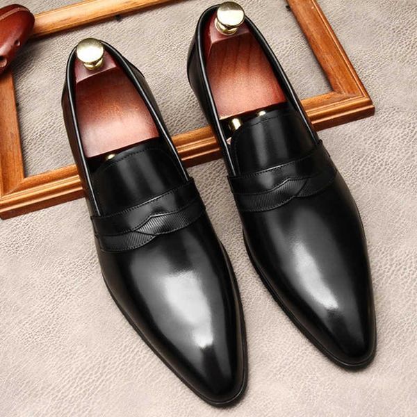

dress shoes casual men leather shoe genuine pointed toe slip on formal wedding business black oxford lofers